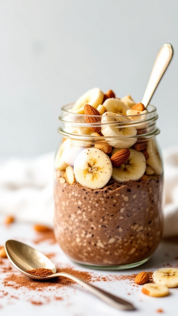 A jar of Mocha Almond Overnight Oats topped with bananas and almonds, ready to eat.